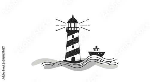 Foto Lighthouse guiding a ship at sea with waves.