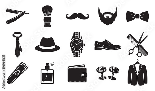 Photos Set of black and white icons representing classic gentleman accessories and groo