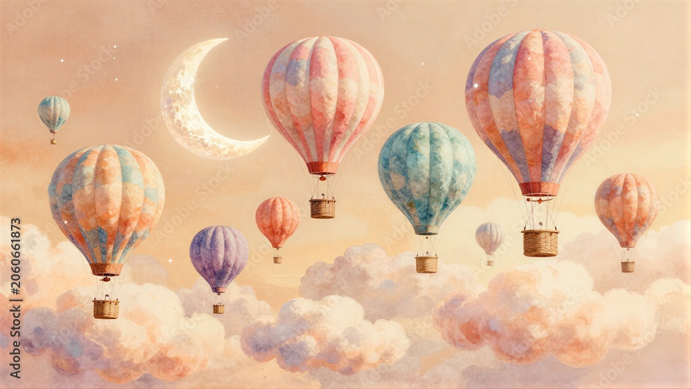 Naklejka premium Colorful hot air balloons drift through soft clouds beneath a crescent moon.