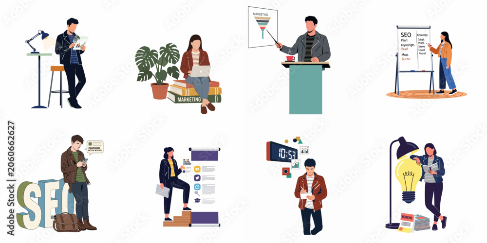 Fototapeta premium Set of diverse digital marketing and SEO concept illustrations featuring people working, presenting, and analyzing data in a flat design style.