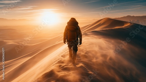 Outdoor adventure explore. A vivid portrayal of a desert landscape at sunset. The main subject is a solitary figure, walking away from the viewer, silhouetted against the setting sun.