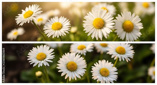 Close-up of blooming white and yellow daisies in field.