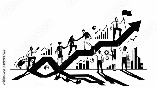 A black and white illustration of people climbing an arrow graph