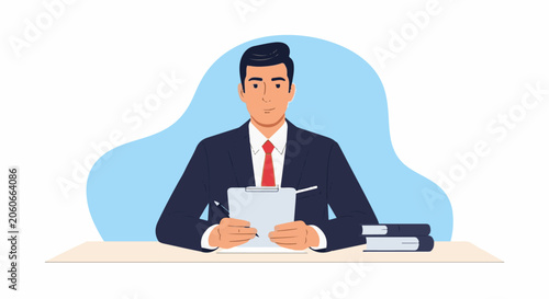 A businessman in a suit sits at a desk with a clipboard
