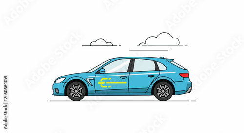 A blue car with yellow details on side parked under clouds