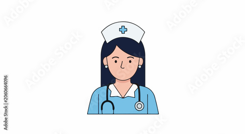A cartoon illustration of a smiling nurse with long dark hair wearing a blue uniform and a white nurse's cap with a blue cross
