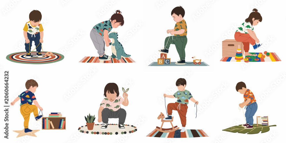 Fototapeta premium A set of flat vector illustrations depicting young children and toddlers learning to tie their shoelaces and playing with toys in various home settings.