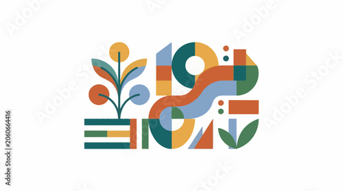 A colorful abstract illustration featuring a plant growing from a block, surrounded by geometric shapes