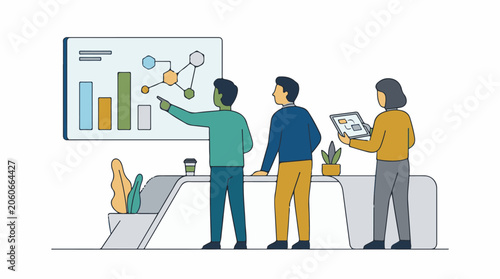 A colorful illustration of three people engaged in a presentation