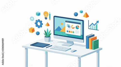 A computer on a desk with office supplies and graphs