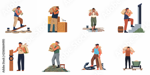 Εκτύπωση καμβά Collection of port workers and stevedores carrying heavy sacks in various maritime settings, flat vector illustration
