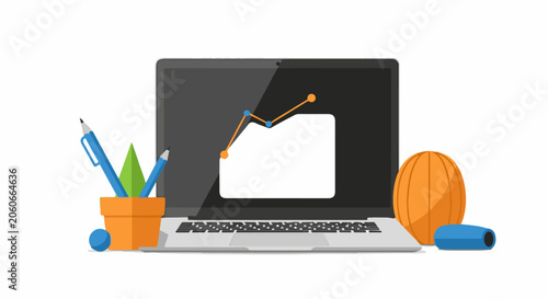 A laptop with a graph on the screen surrounded by office supplies