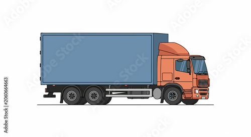A large blue and orange semi-truck facing right on a white background