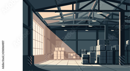 A large warehouse interior with stacked boxes and natural light