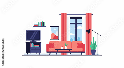A modern living room interior with a red couch