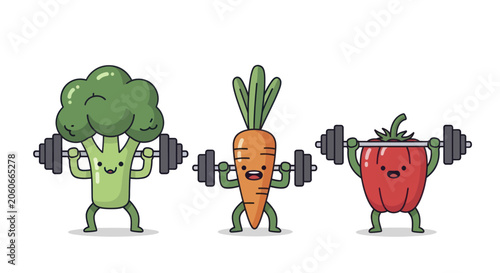 Bild auf Leinwand Funny Broccoli Carrot and Tomato Lifting Weights.