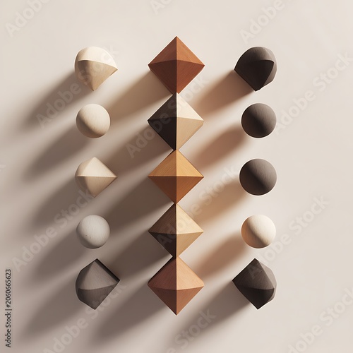 Geometric Harmony - A Minimalist Arrangement of Spheres and Pyramids in Earth Tones.