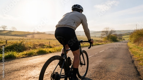 Rear view of cyclist riding road bike on countryside road during sunset ideal for cycling apparel branding sports marketing and healthy lifestyle website