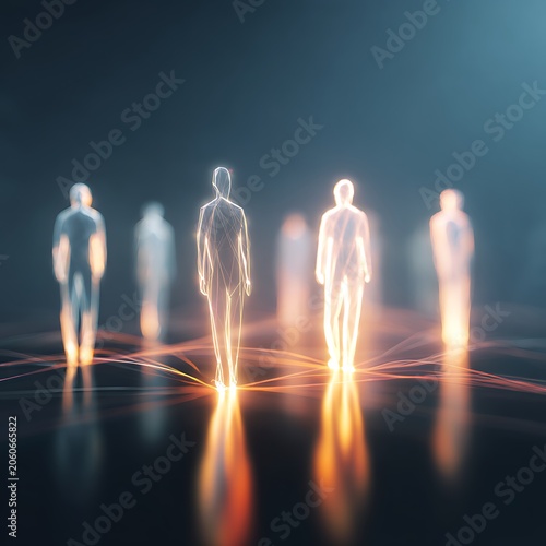 Digital Human Avatars Walking on Luminous Paths in a Futuristic Networked Environment.