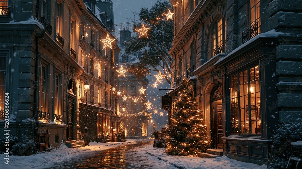 Fototapeta premium Paris France Europe lifestyle. A nighttime urban scene depicts a snowy street lined with historic Europeanstyle buildings. The buildings feature ornate facades, balconies, and windows.