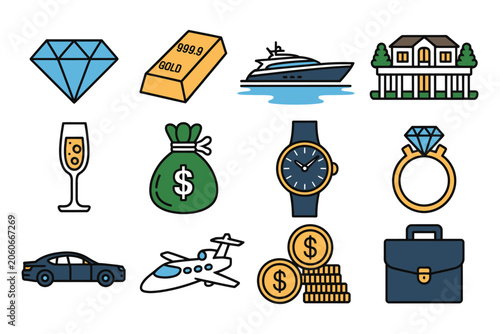 Obraz na plátně Wealth and luxury items vector illustration featuring premium lifestyle objects, elegant accessories, and high-end prosperity symbols isolated on white background
