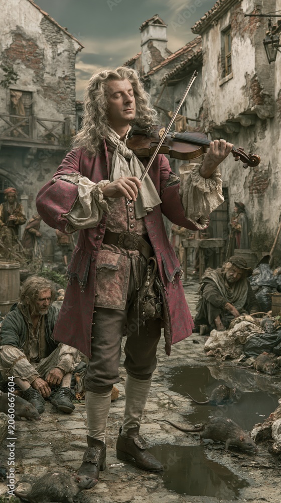 Fototapeta premium Paris France Europe lifestyle. A vivid portrayal of a man with long, wavy blonde hair playing a violin in an old, dilapidated street. He wears a red coat with intricate details, a white shirt.