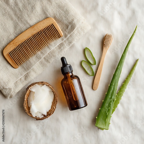 Natural Skincare Ingredients - Aloe Vera, Coconut Oil, and Bamboo Comb.