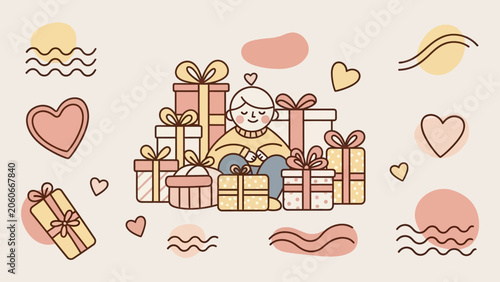Photos Happy Person Surrounded by Many Gift Boxes.
