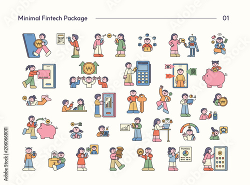 Minimal fintech character illustrations showing mobile payments, digital banking, investment, savings, security, AI finance, and fintech services.