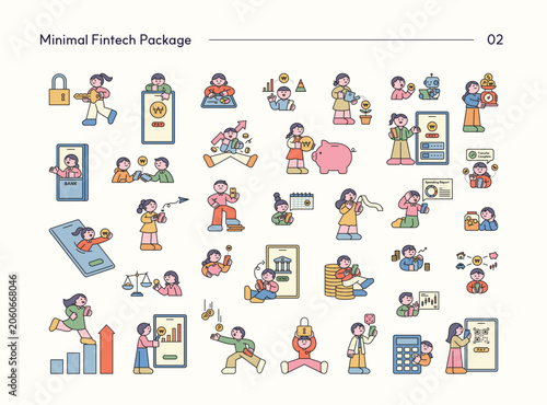 Minimal fintech character illustrations featuring digital payments, online banking, savings, investments, financial security, and money management.