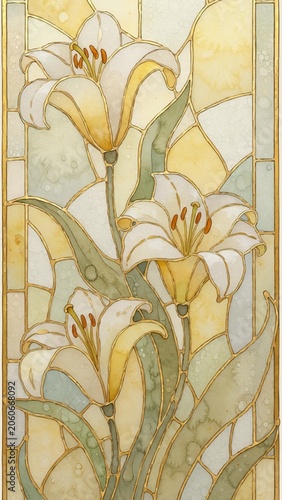 Watercolor White Lily Stained Glass Panel — Art Nouveau Leaded Glass Floral Smartphone Wallpaper