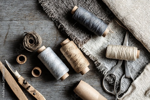 Overhead view of sewing supplies including thread spools and scissors on a wooden table.