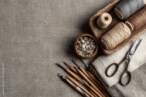 Overhead view of sewing supplies including thread spools and scissors.