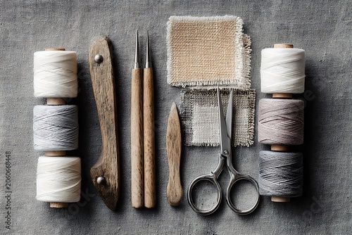 Crafting Supplies Flat Lay Overhead View.