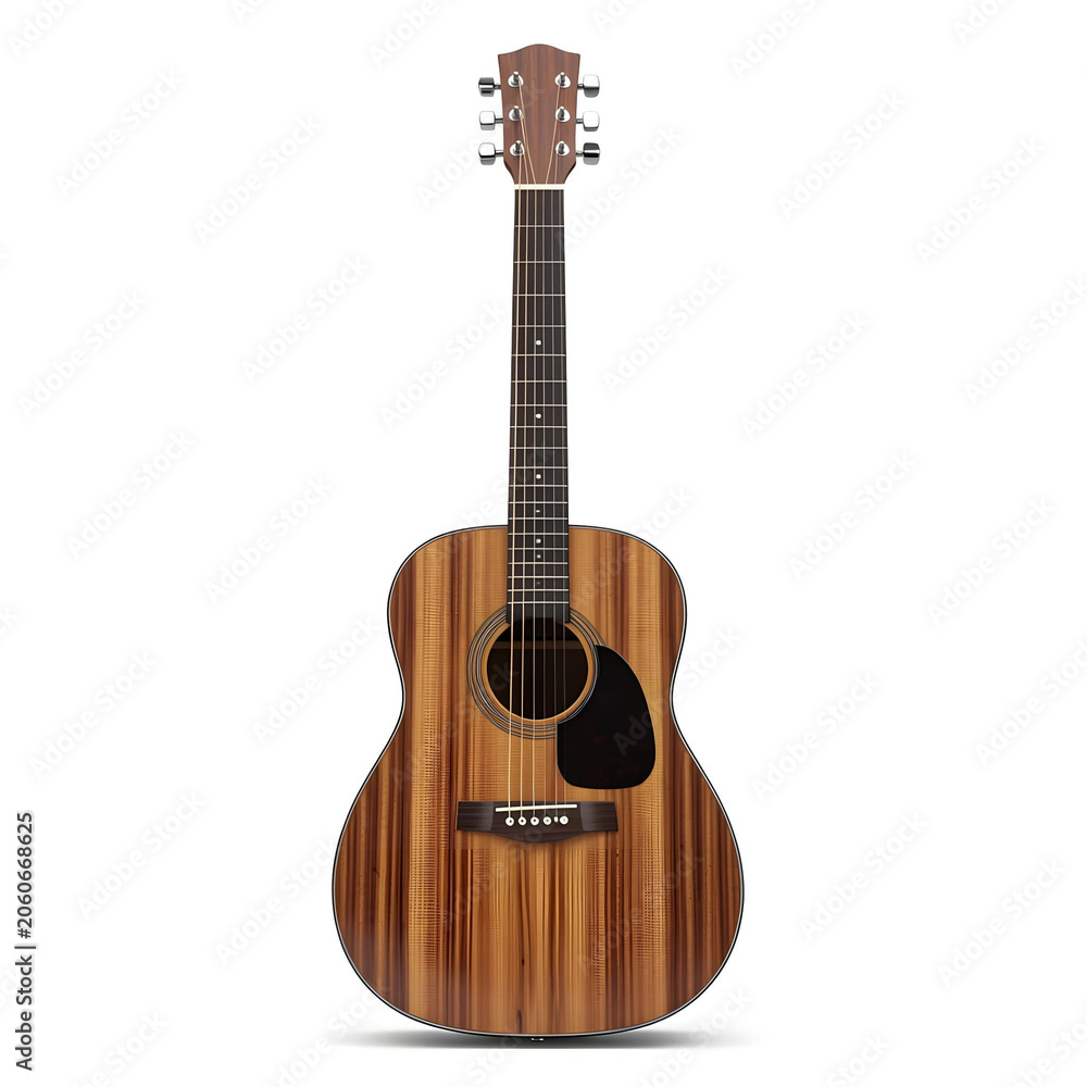 Naklejka premium Acoustic wooden guitar with detailed grain texture stands vertically against a clean white background perfect for music production