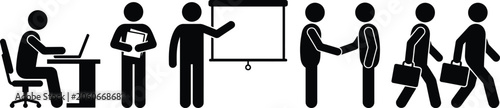 Set of black stick figure icons depicting various common professional office activities and corporate workplace actions on white background