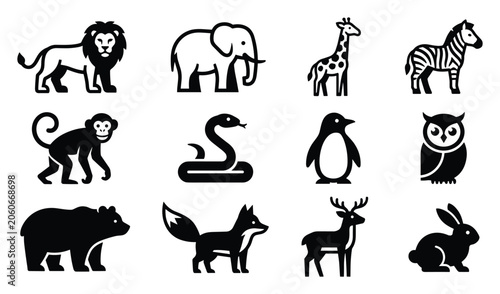 Photography Adobe illustrator artwork,Wild animal silhouettes vector icon collection with li
