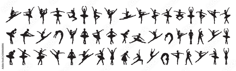 Obraz premium Ballet Dancer Silhouettes Performing Classical Dance Moves Vector Set for Performing Arts Marketing, Theater Promotion and Dance School Branding