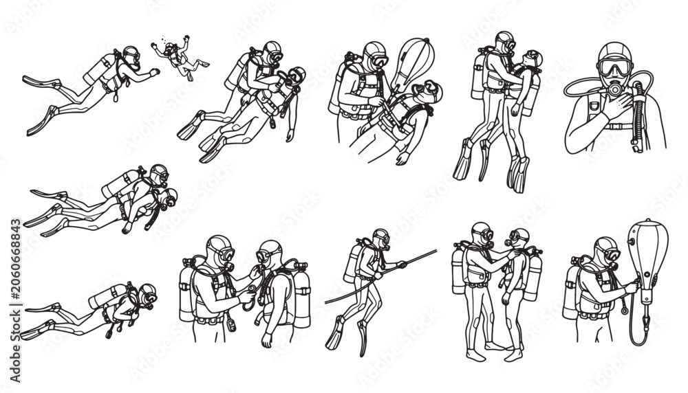 Fototapeta premium Scuba Divers Performing Underwater Rescue and Safety Procedures Vector Illustration Set for Diving School Training and Marine Safety Marketing