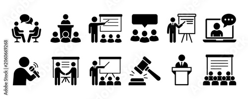 Business Meeting and Presentation Icon Set, Public Speaking, Conference, and Legal Lecture Icons Vector, Meeting, Presentation, Seminar