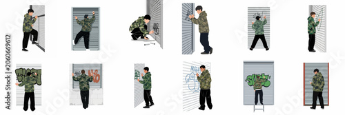 Fotografía Vector illustration collection of a graffiti artist in a camo jacket tagging and painting on metal rolling shutters in different poses