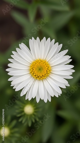 Close-up of blooming white daisy with yellow center.