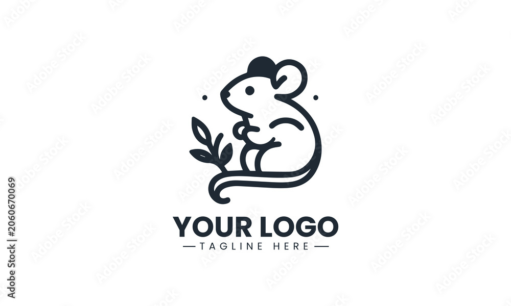 Fototapeta premium A minimalist line art mouse on a green branch organic mascot