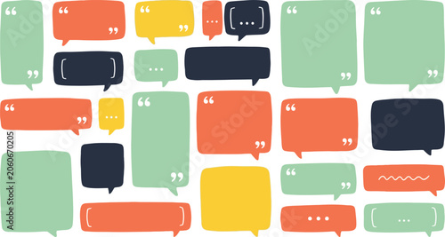Collection of colorful speech bubbles featuring diverse rectangular shapes with quotation marks and ellipses for modern graphic design projects today