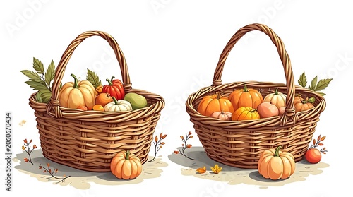 Two Woven Baskets Filled with Autumn Harvest: Pumpkins, Gourds, and Seasonal Produce Displayed in Rustic Setting.