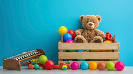 A wooden crate overflowing with colorful toys, including a teddy bear, balls, and a toy xylophone, against a blue background.