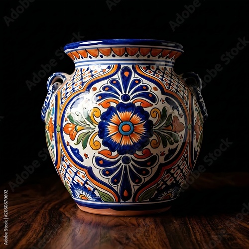 large, colorful Mexican Talavera ceramic vase with vibrant hand-painted floral cobalt blue and orange patterns, placed on a dark wooden surface, pitch black background, studio lighting,	
