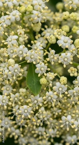 Close-up of blooming white flowering shrub branches.
