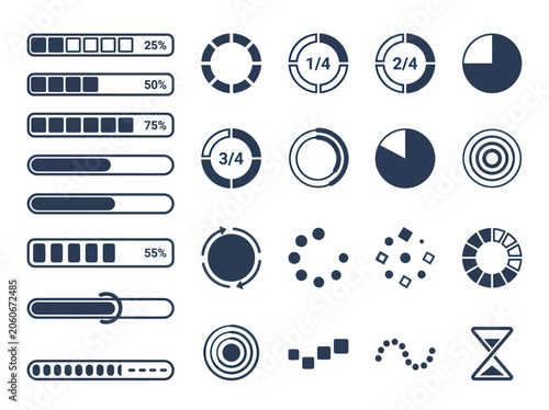 Collection of progress bars, loading indicators, and pie chart icons.
