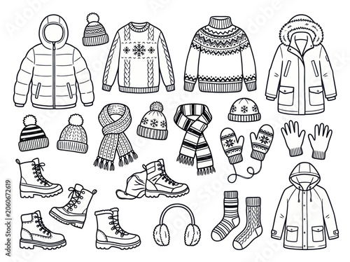 Collection of winter clothing and accessories in a hand drawn style.